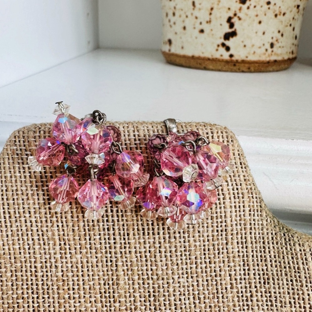 Vintage Pink Floral Cluster Earrings with Crystal Accents